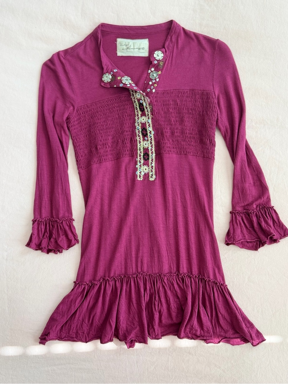 Women’s Magenta Ruffle Hem Top with Embellished Placket